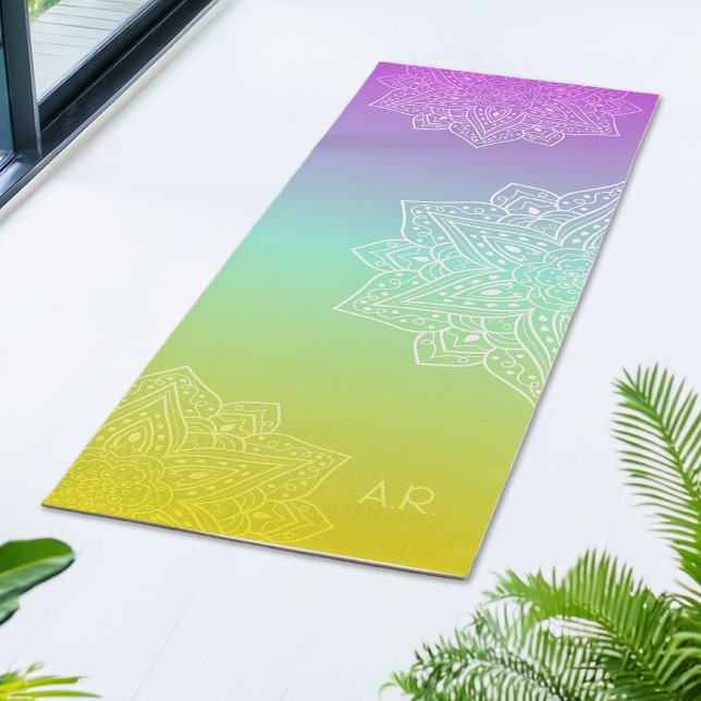 Iridescent Gradient Asymmetric Mandala & Initials Yoga Mat (Creator Uploaded)