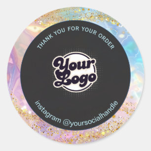 Iridescent holographic custom logo name thank you classic round sticker