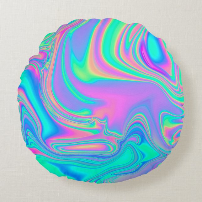 Iridescent Holographic: Neon Marbled Texture Round Cushion (Front)