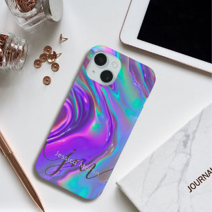 Iridescent Holographic Opal Rainbow Swirl Monogram iPhone 15 Case