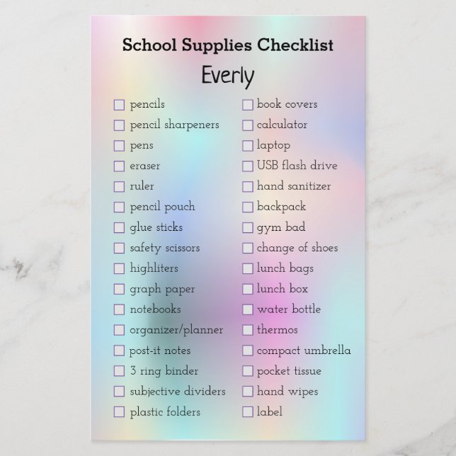 iridescent holographic school supplies set list  (Front)
