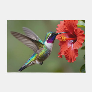 Iridescent Hummingbird Hibiscus Flower Portrait Doormat