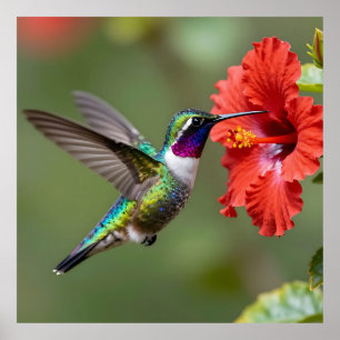 Iridescent Hummingbird Hibiscus Flower Portrait Poster