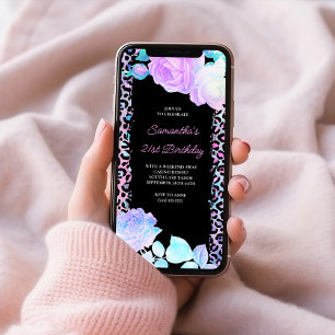 Iridescent Leopard Painted Black 21st Birthday Invitation