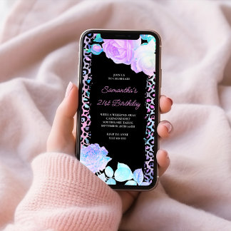 Iridescent Leopard Painted Black 21st Birthday Invitation