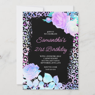 Iridescent Leopard Painted Black 21st Birthday Invitation