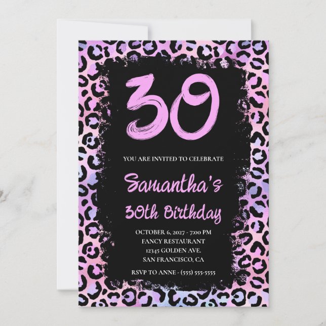 Iridescent Leopard Pink and Black 30th Birthday Invitation (Front)