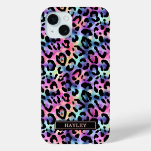 Iridescent Leopard Print Monogrammed iPhone 15 Mini Case