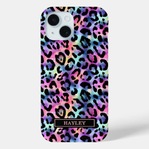Iridescent Leopard Print Monogrammed iPhone 15 Case