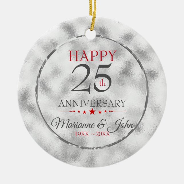 Iridescent Light Grey Glass- Silver Anniversary Ceramic Tree Decoration (Front)