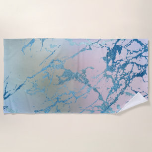 Iridescent Marble Trendy Faux Holo Blue Pink Beach Towel