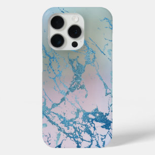 Iridescent Marble   Trendy Faux Holo Blue Pink iPhone 15 Pro Case