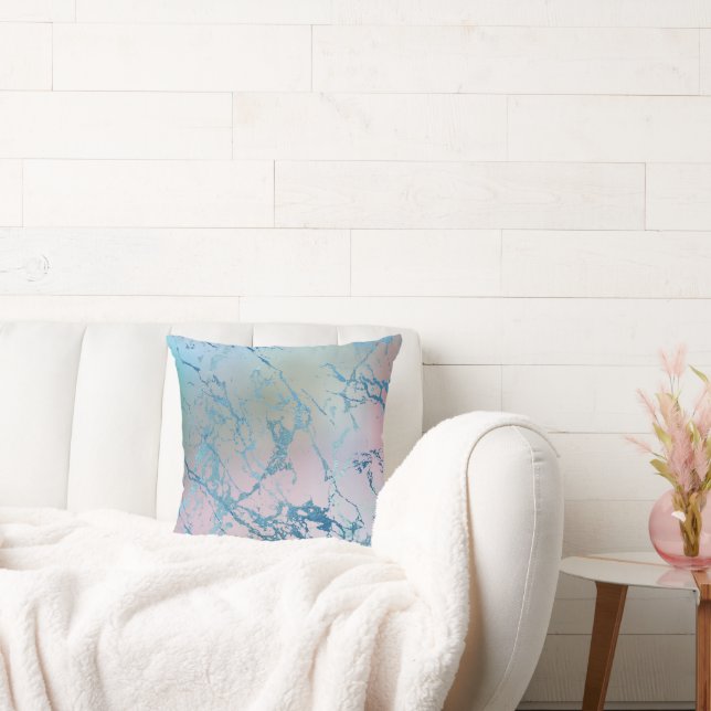 Iridescent Marble | Trendy Faux Holo Blue Pink Cushion (Couch)