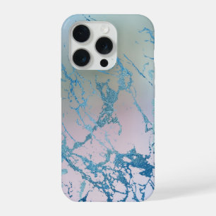 Iridescent Marble   Trendy Faux Holo Blue Pink iPhone 15 Pro Case