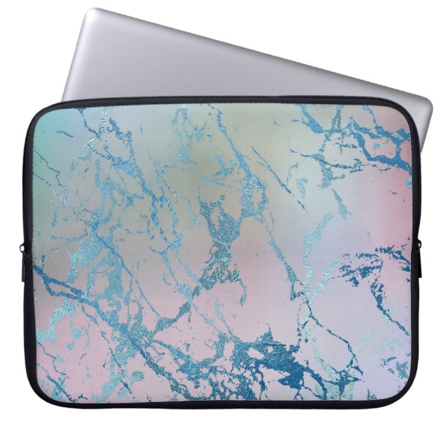 Iridescent Marble | Trendy Faux Holo Blue Pink Laptop Sleeve (Front)