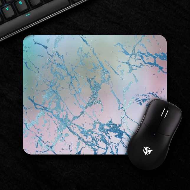 Iridescent Marble | Trendy Faux Holo Blue Pink Mouse Mat (Creator Uploaded)