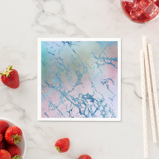 Iridescent Marble | Trendy Faux Holo Blue Pink Napkin (Insitu)