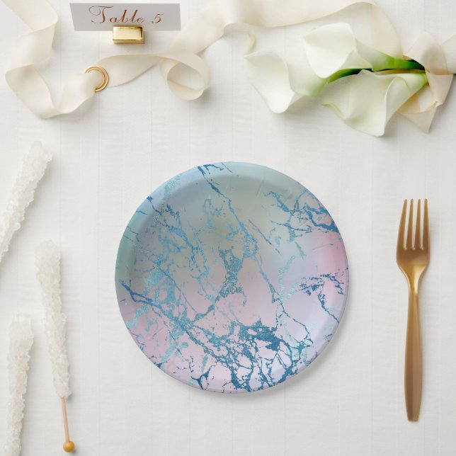 Iridescent Marble | Trendy Faux Holo Blue Pink Paper Plate (Wedding)