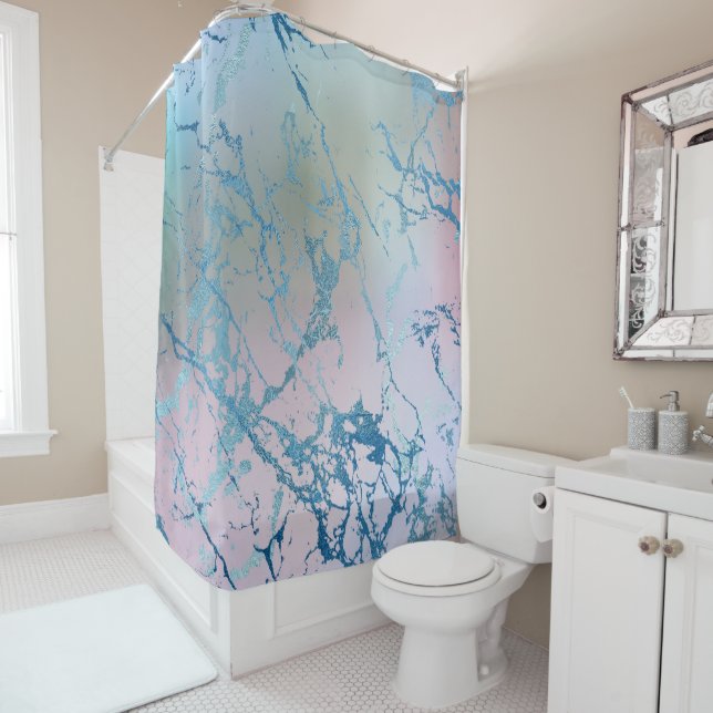 Iridescent Marble | Trendy Faux Holo Blue Pink Shower Curtain (In Situ)