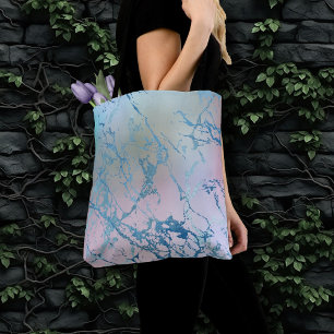 Iridescent Marble   Trendy Faux Holo Blue Pink Tote Bag