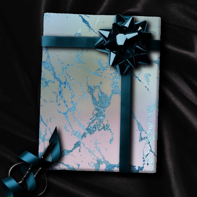 Iridescent Marble | Trendy Faux Holo Blue Pink Wrapping Paper (Creator Uploaded)