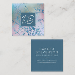 Iridescent Marble   Trendy Faux Holo Monogram Square Business Card