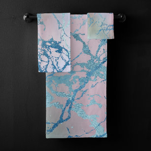 Iridescent Marble   Trendy Holographic Blue Pink Bath Towel Set