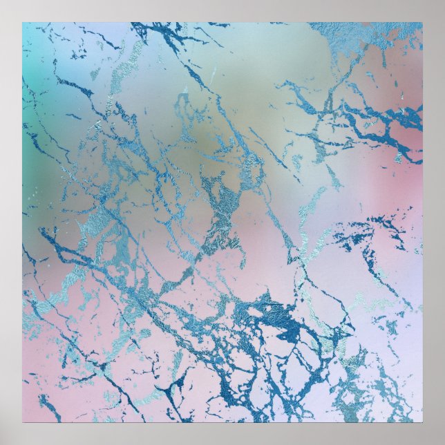 Iridescent Marble | Trendy Holographic Blue Pink Poster (Front)