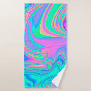 Iridescent marbled holographic texture in vibrant bath towel