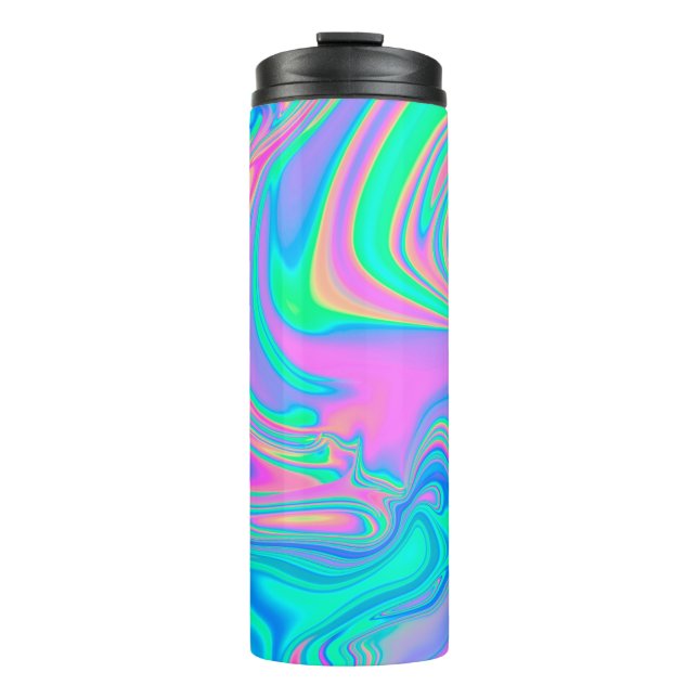 Iridescent marbled holographic texture in vibrant  thermal tumbler (Front)