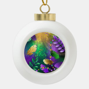 Iridescent mardi gras background with beads ceramic ball christmas ornament
