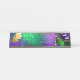 Iridescent mardi gras background with beads desk name plate