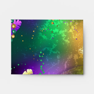 Iridescent mardi gras background with beads envelope