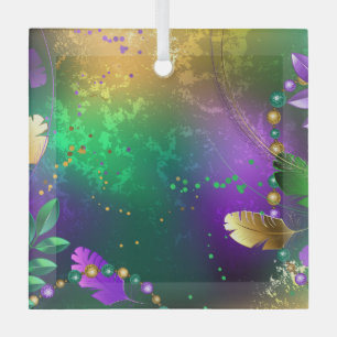 Iridescent mardi gras background with beads glass tree decoration