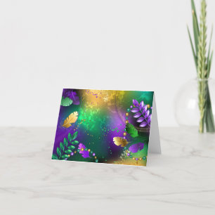 Iridescent mardi gras background with beads holiday card