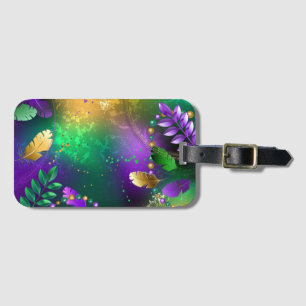 Iridescent mardi gras background with beads luggage tag