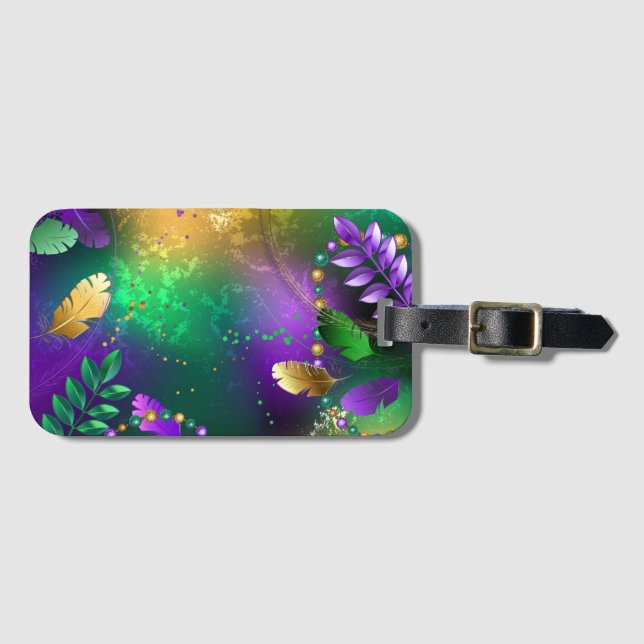 Iridescent mardi gras background with beads luggage tag (Front Horizontal)