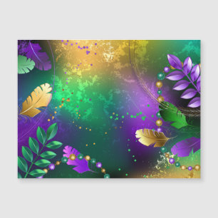 Iridescent mardi gras background with beads magnetic invitation