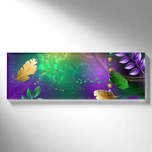 Iridescent mardi gras background with beads name tag (Front)