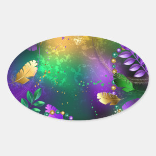 Iridescent mardi gras background with beads oval sticker