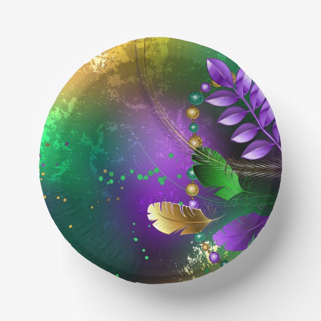 Iridescent mardi gras background with beads paper plate (Front)