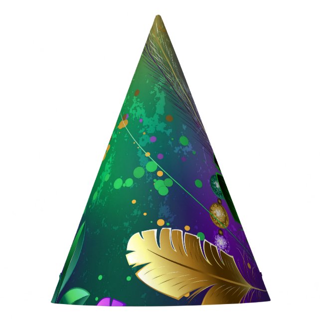 Iridescent mardi gras background with beads party hat (Front)