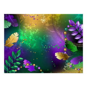 Iridescent mardi gras background with beads poster