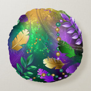 Iridescent mardi gras background with beads round cushion