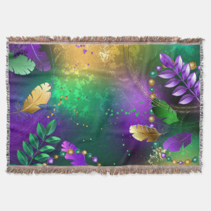 Iridescent mardi gras background with beads throw blanket
