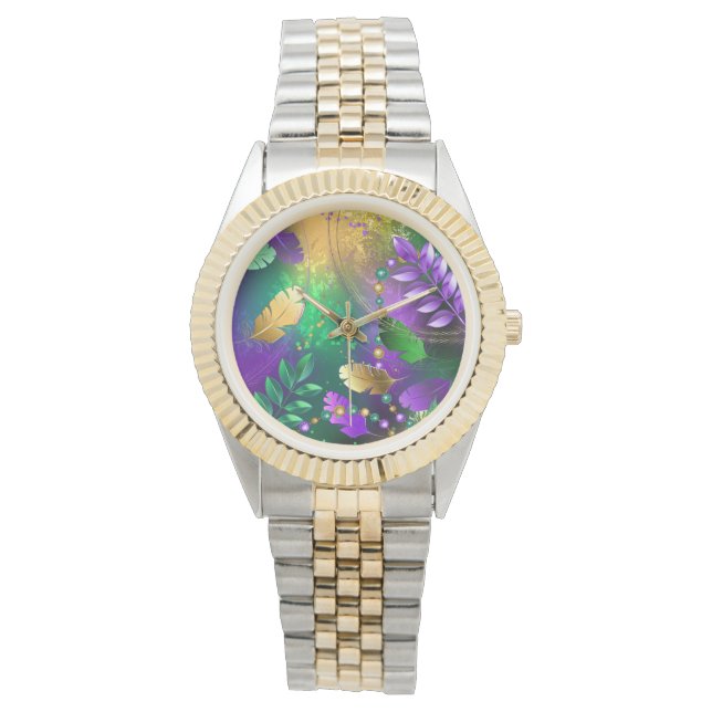 Iridescent mardi gras background with beads watch (Front)