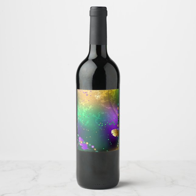 Iridescent mardi gras background with beads wine label (Front)