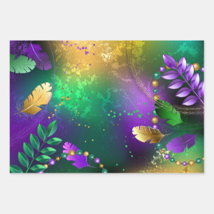 Iridescent mardi gras background with beads wrapping paper sheet