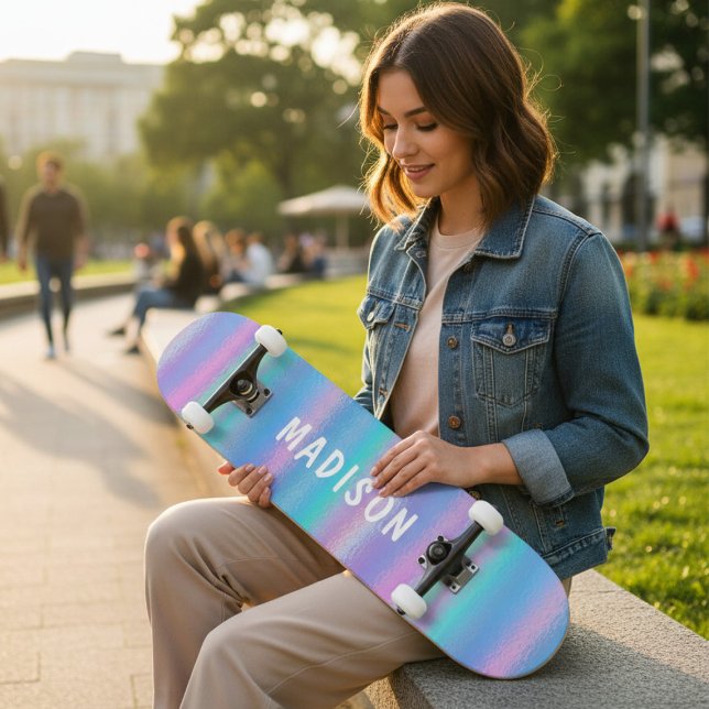 Iridescent Modern Girly Pink Blue Personalised Skateboard (Creator Uploaded)