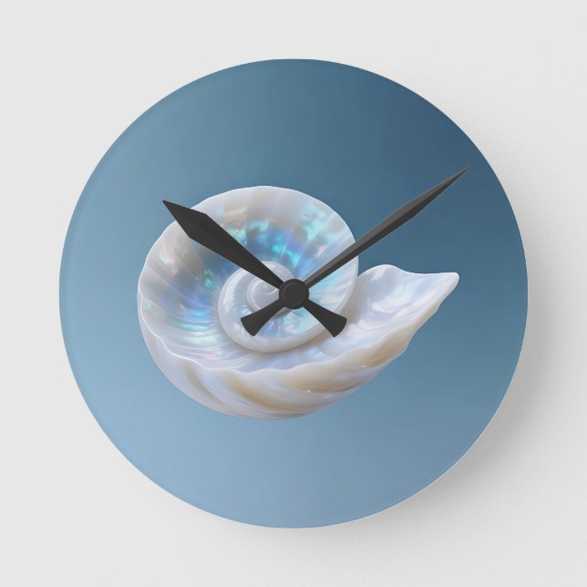 Iridescent Nautilus Shell Spiral Round Clock (Front)